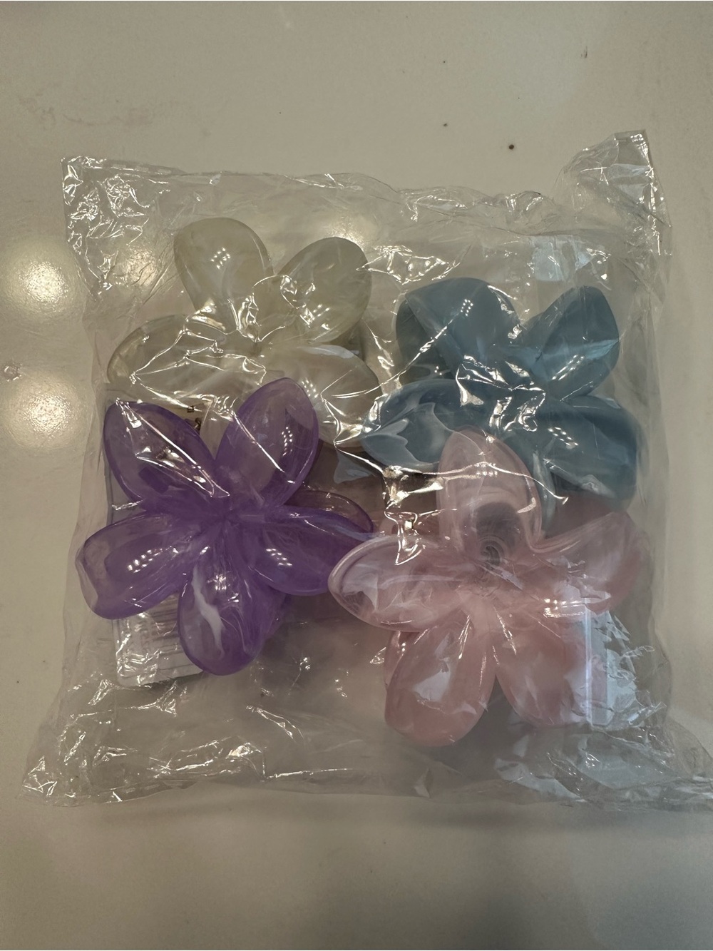 Set of 4 Floral Hair Claw Clips - Purple, Pink, Blue, Clear